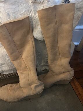 Robert Clergerie Beige Shearlng,Suede Over-the-Knee Wedge Boots